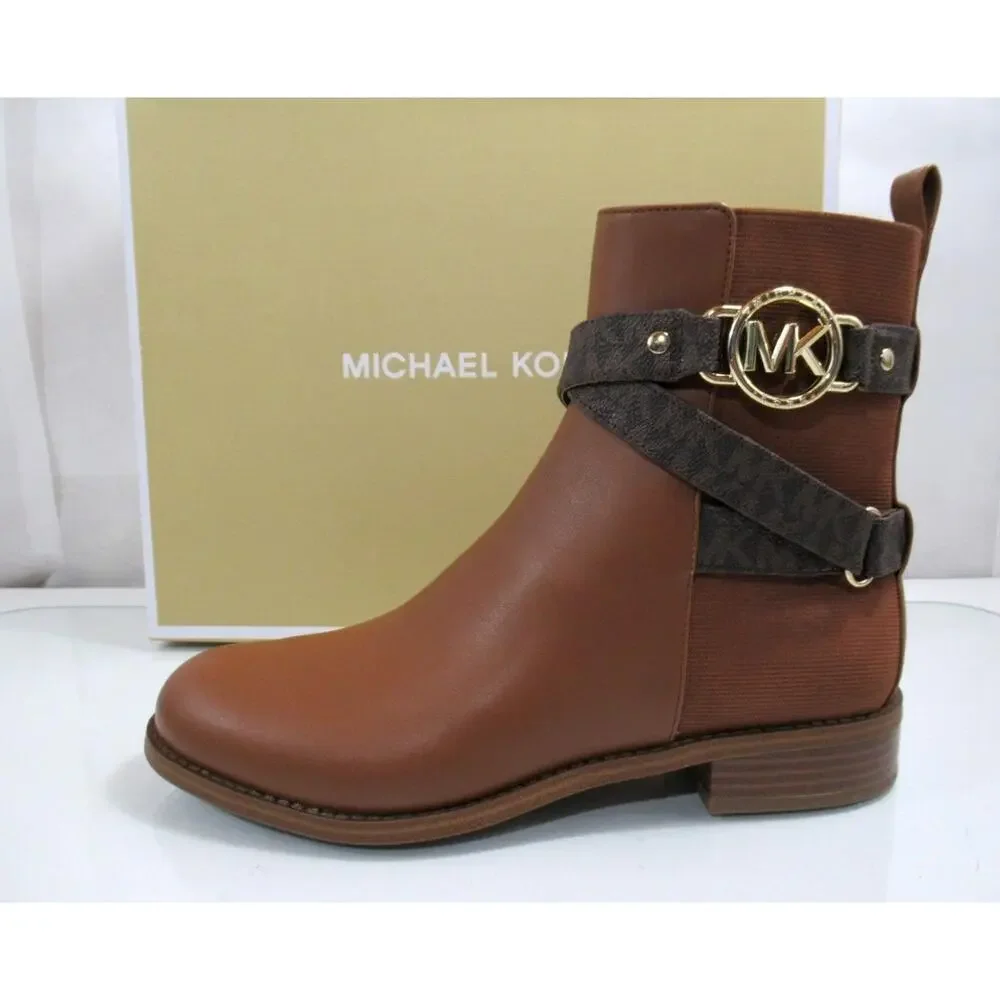 Michael Kors Rory Flat Bootie Ankle Boots MK Logo Hardware Luggage Size 8